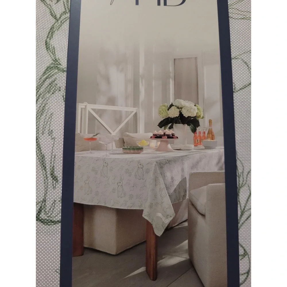 Garden Party Tablecloth 60x102 Oblong White Green Hand Drawn Rabbit Veggies NEW
